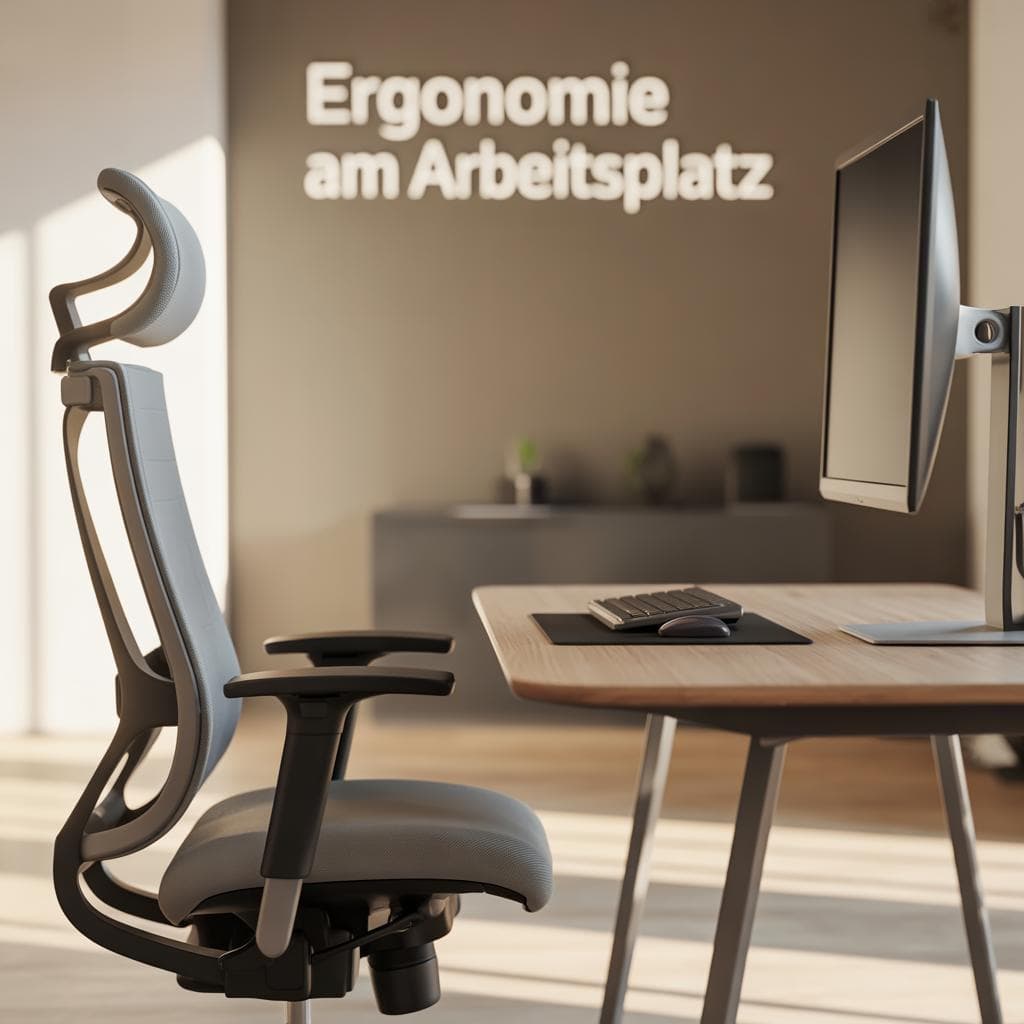 Ergonomischer Arbeitsplatz mit höhenverstellbarem Schreibtisch und Bürostuhl zur Vermeidung von Rückenschmerzen